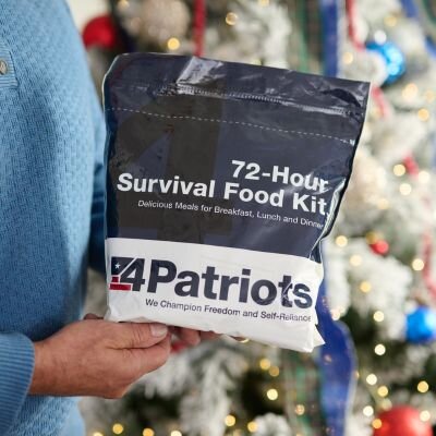 72 Hour Food Kit in front of the Christmas tree