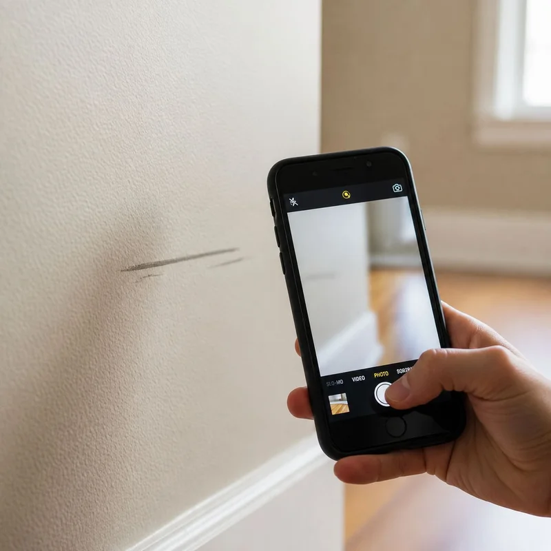 Renter photographing a scratch on the wall with a phone during a move-in inspection