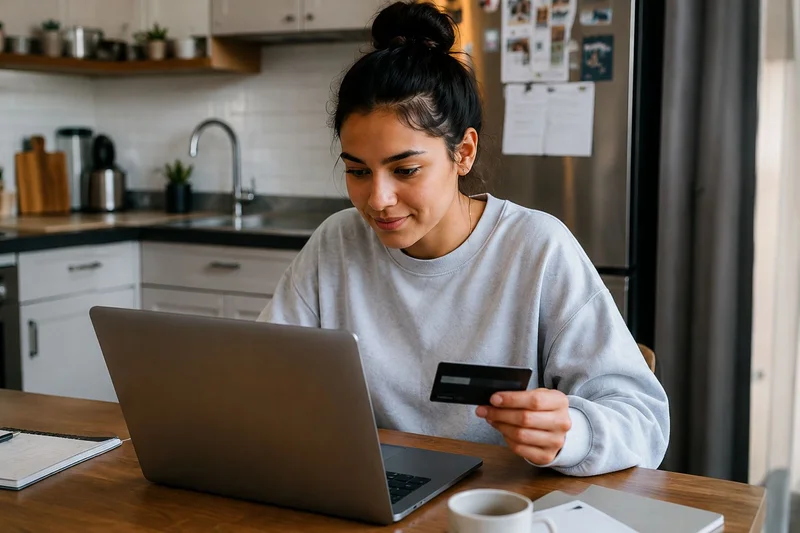 Renter making an online rent payment with a credit card and laptop
