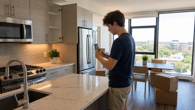 Renter reviewing apartment move-in details on a phone in the kitchen