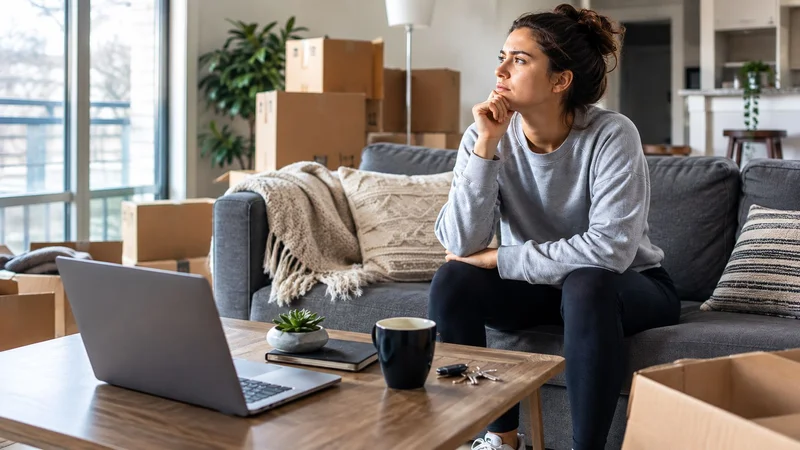 Renter sitting on a couch surrounded by moving boxes, thinking while using a laptop