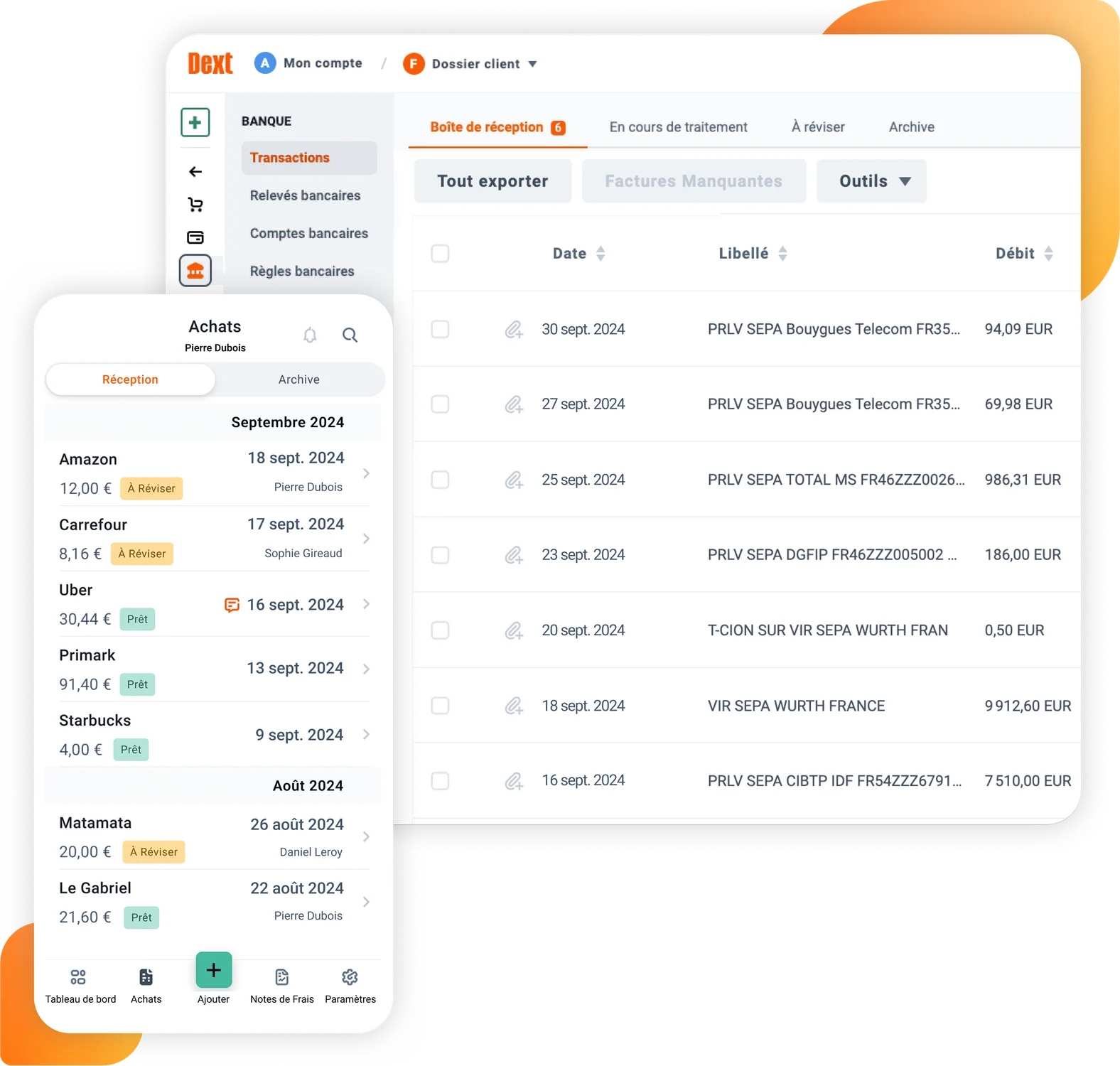 Interface utilisateur du logiciel de comptabilité de trésorerie Dext