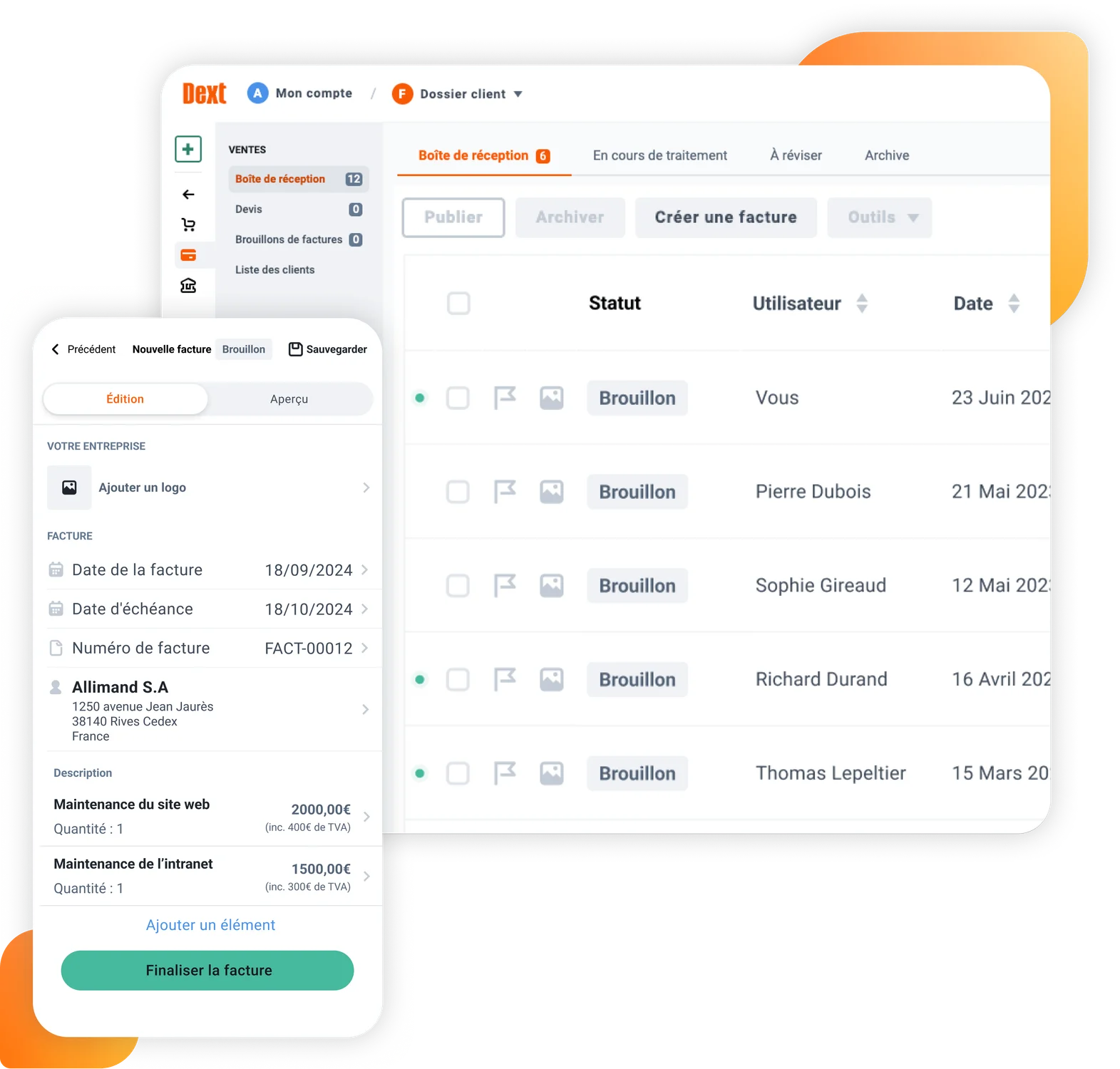 Interface utilisateur du logiciel de saisie comptable Dext