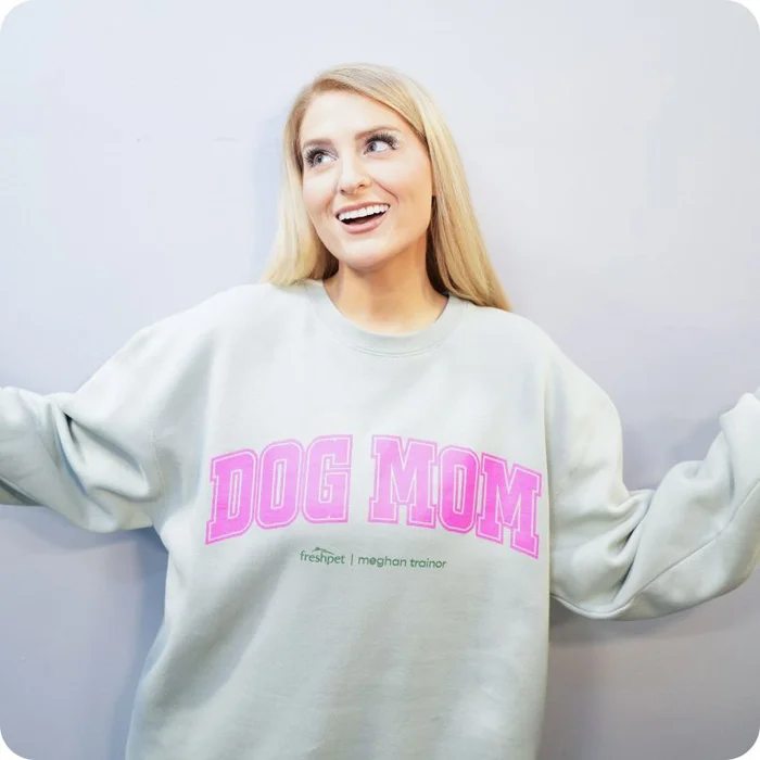 Meghan Trainor wearing her "Dog Mom" sweatshirt