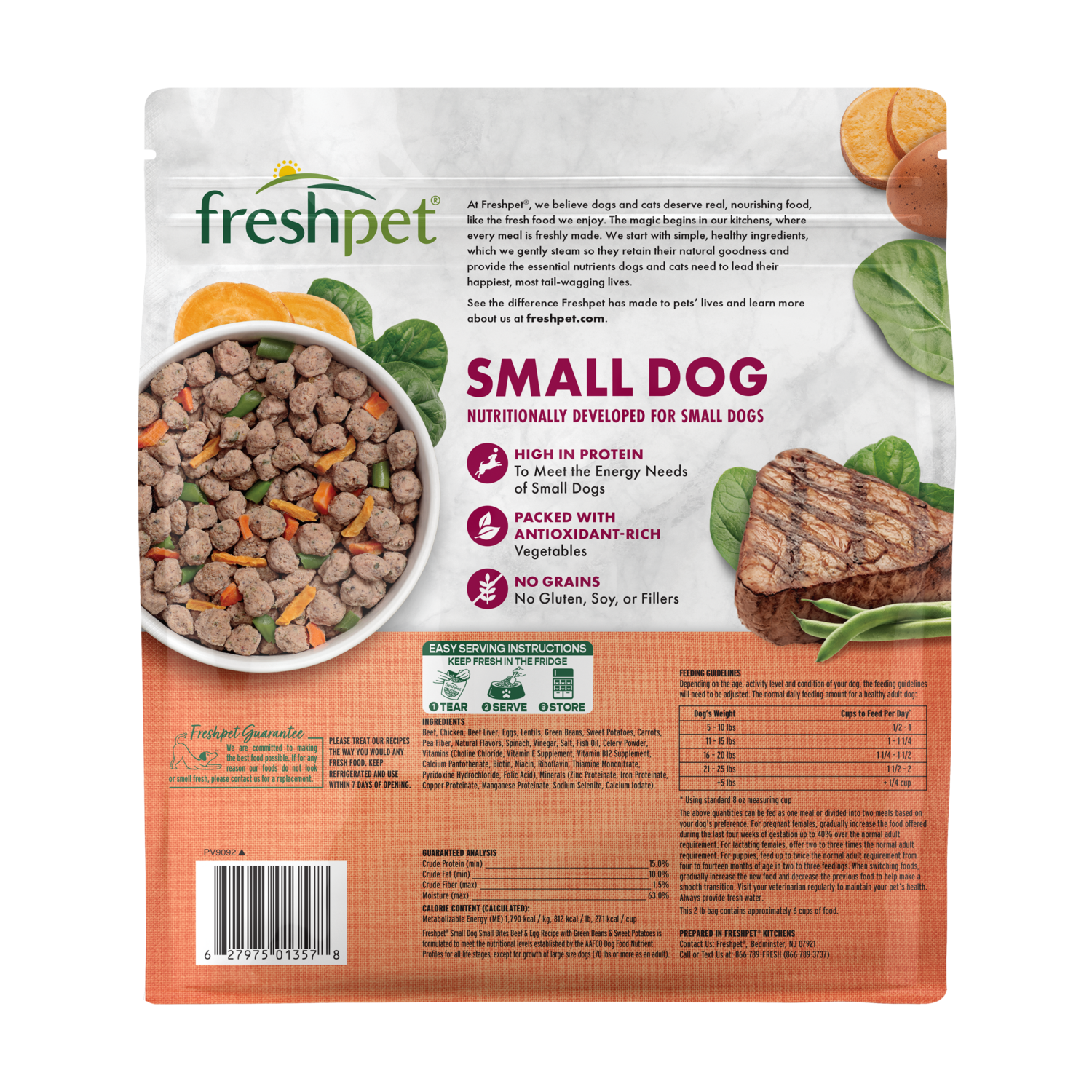 Back package image of Freshpet Small Dog Beef & Egg Recipe with Green Beans & Sweet Potatoes