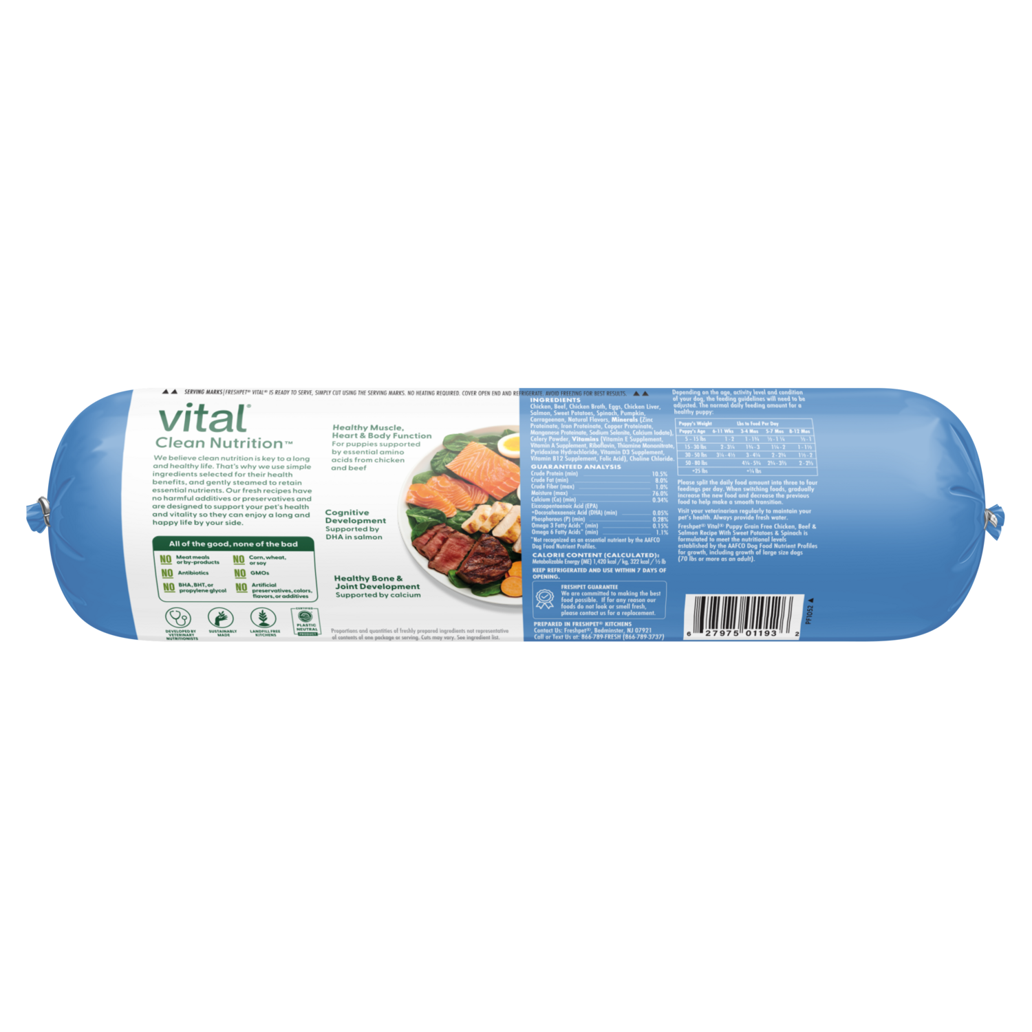 Back package image of puppy: chicken, beef & salmon recipe with sweet potatoes & spinach