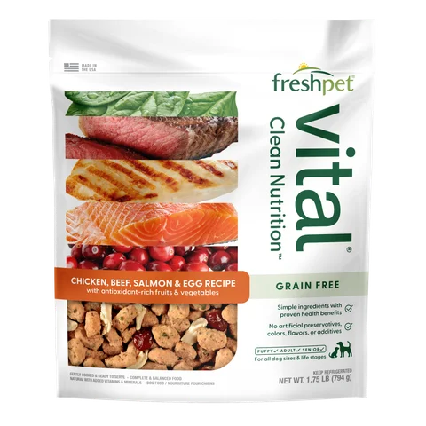 grain free chicken, beef, salmon & egg recipe with antioxidant-rich fruits & vegetables