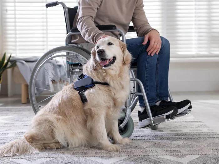 A golden retriever service dog sitting next to a person in a wheelchair.