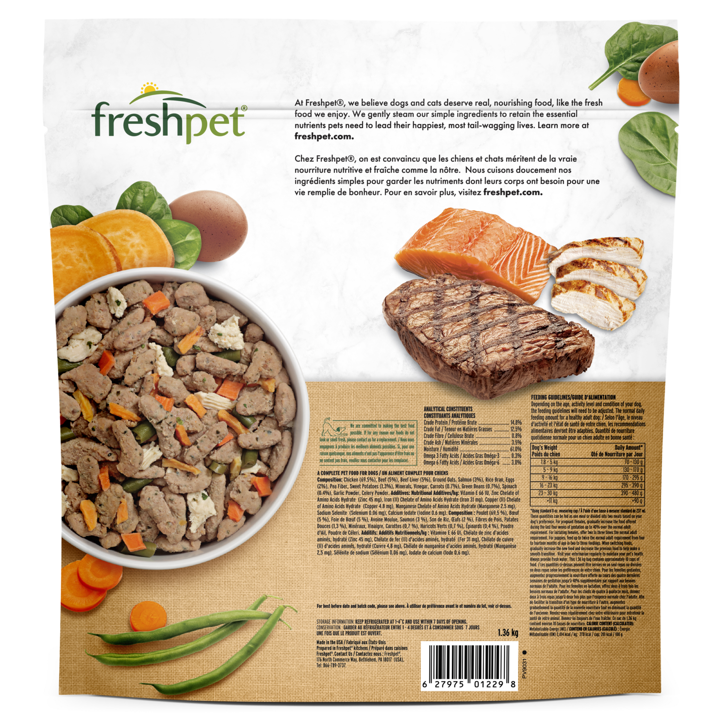 Back package image of Freshpet® Multi-Protein Complete Meal: Chicken, Beef, Egg & Salmon Dog Food