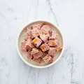 Image of a bowl containing small dog chicken & turkey recipe with pumpkin & peas