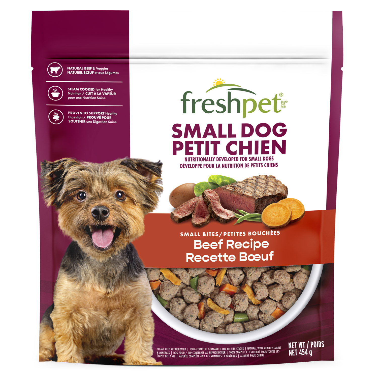 Front package image of small dog bite size beef & egg recipe