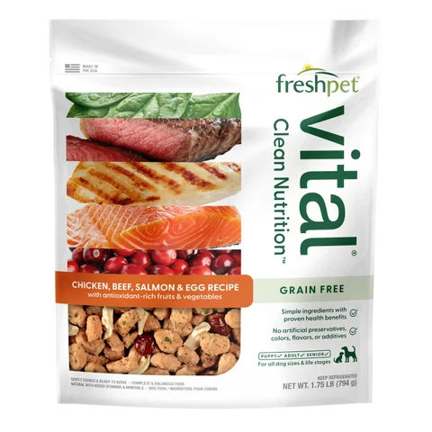 grain free chicken, beef, salmon & egg recipe with antioxidant-rich fruits & vegetables