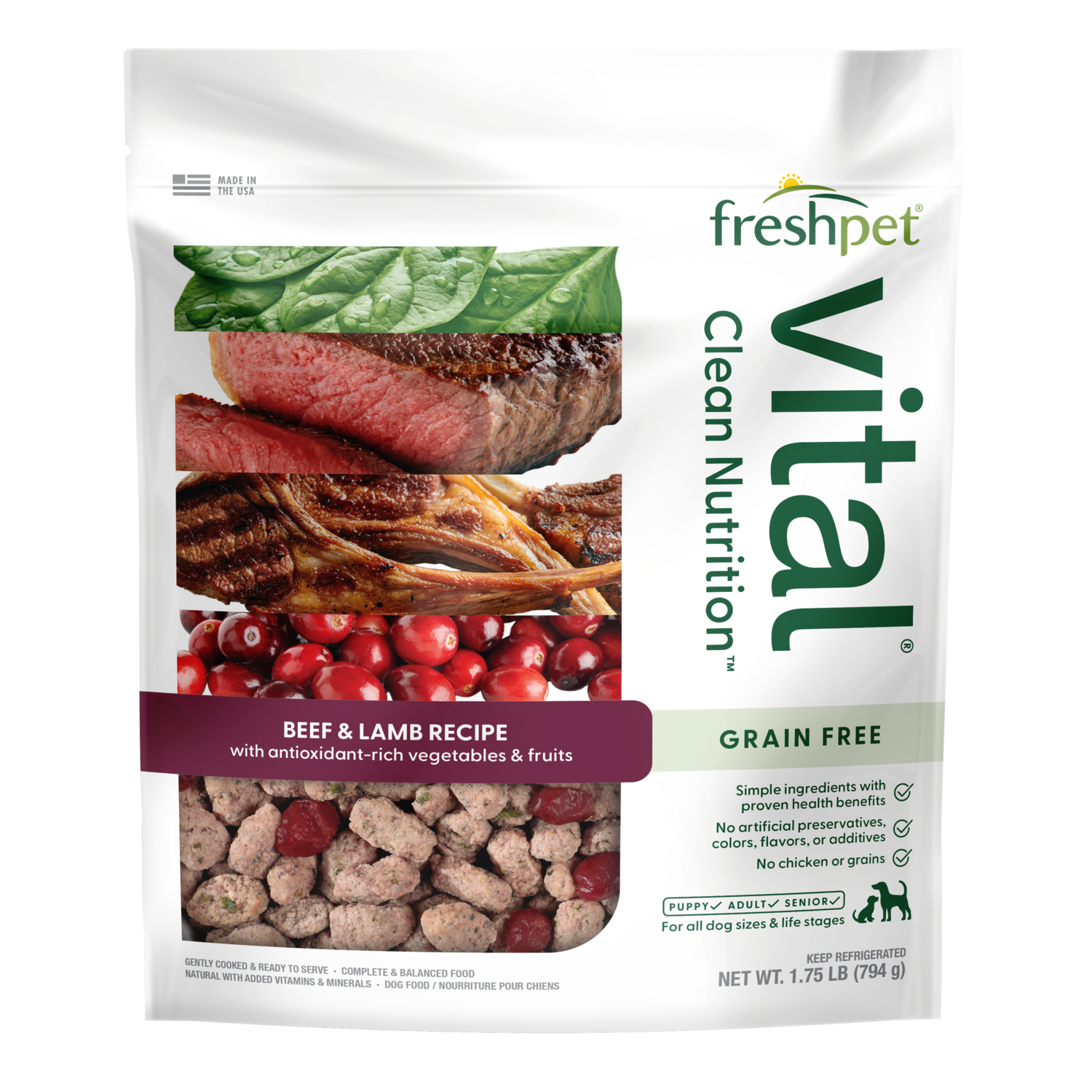 Front package image of Freshpet Vital grain free beef & lamb recipe with antioxidant-rich fruits & vegetables
