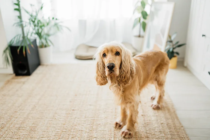 A tan colored dog standing indoors looking at the camera.