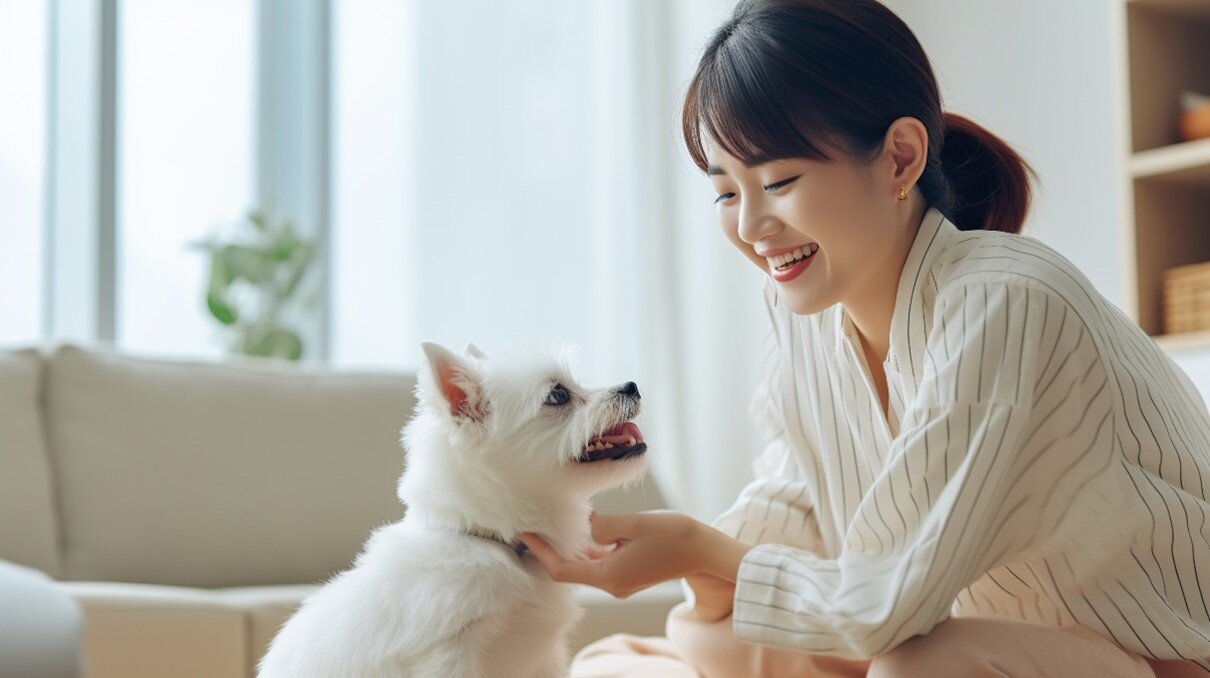 A woman petting a small white dog