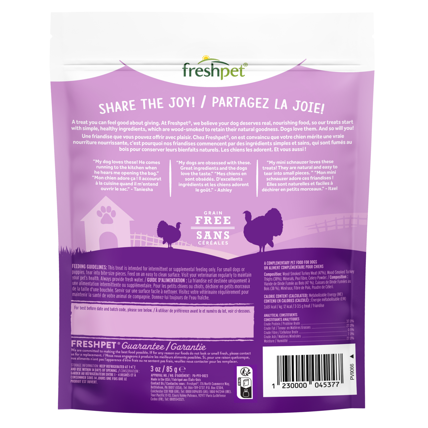 Back package image of Dog Joy® turkey bacon treats for dogs