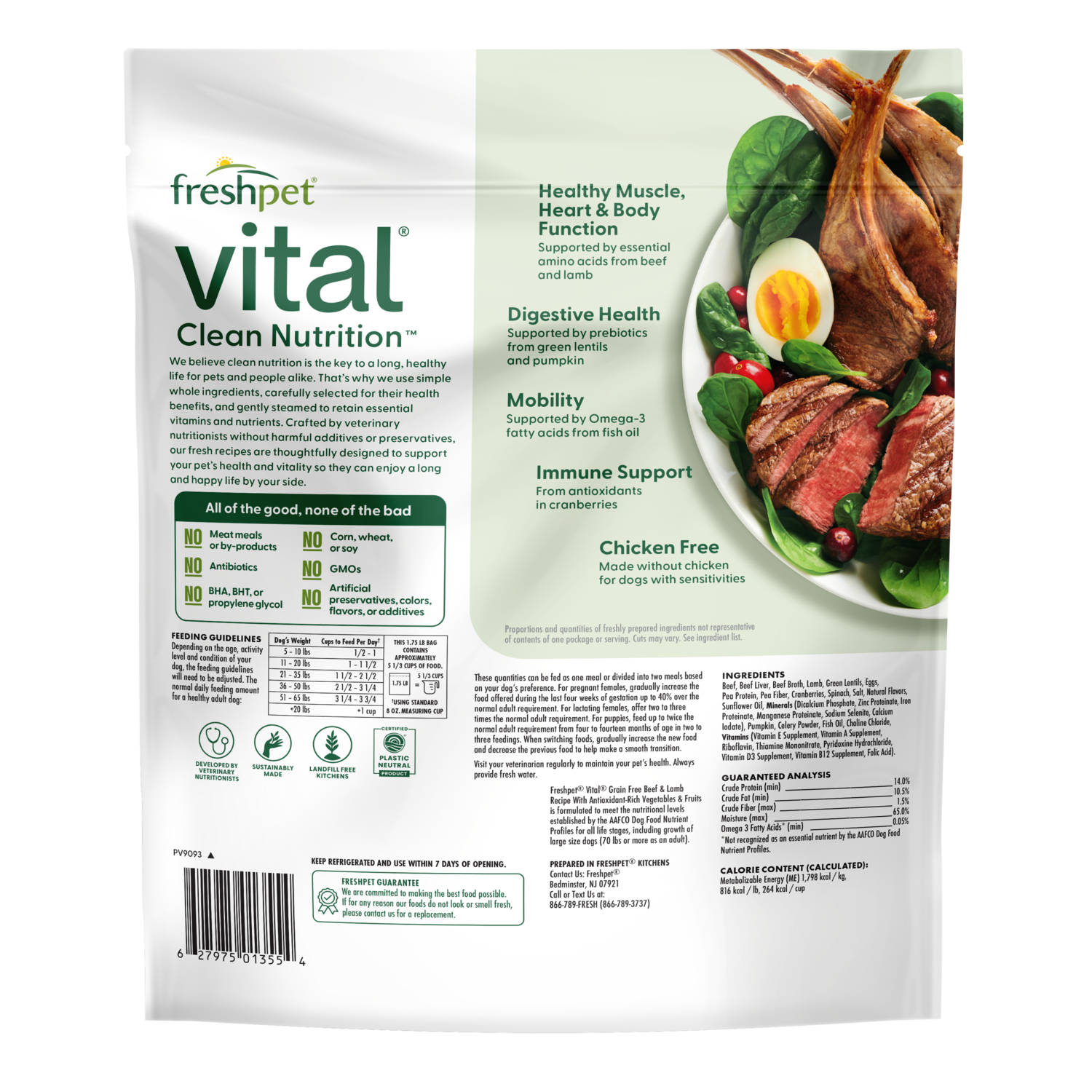 Back package image of Freshpet Vital grain free beef & lamb recipe with antioxidant-rich fruits & vegetables