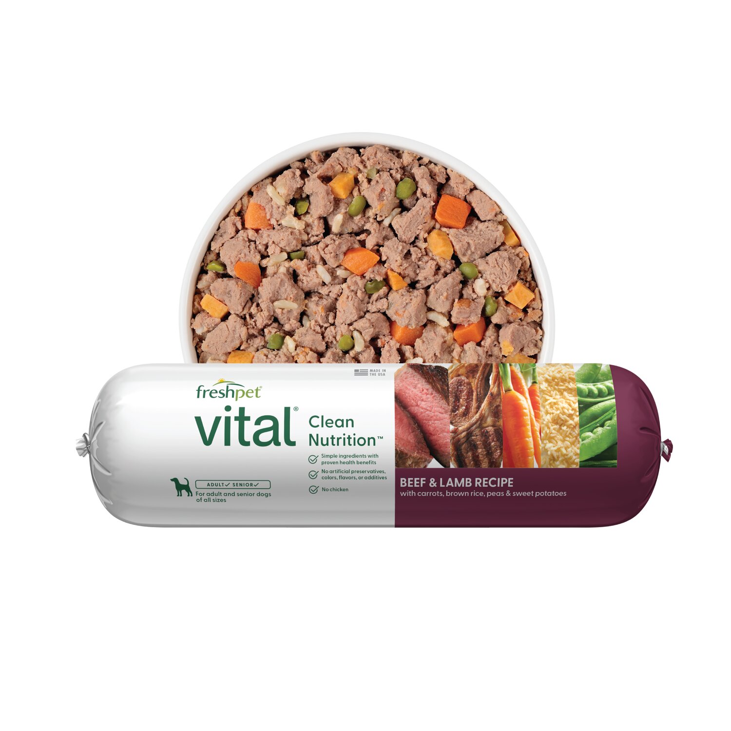 Front package image of Freshpet® Vital Beef & Lamb Recipe with Carrots, Brown Rice, Peas & Sweet Potatoes in front of a bowl