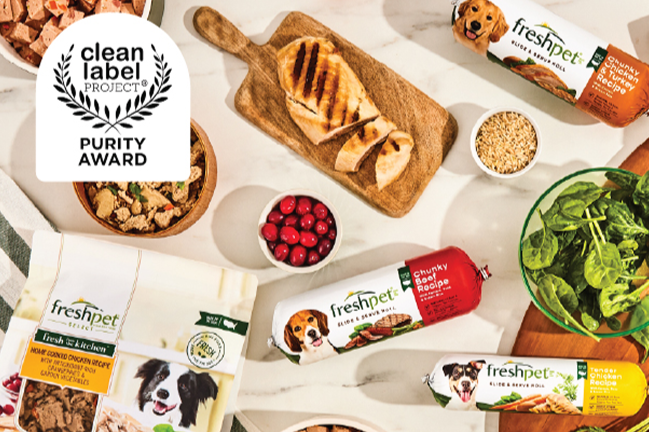 Freshpet dog food and real ingredients displayed with Clean Label Project (CLP) Certification Purity Award.