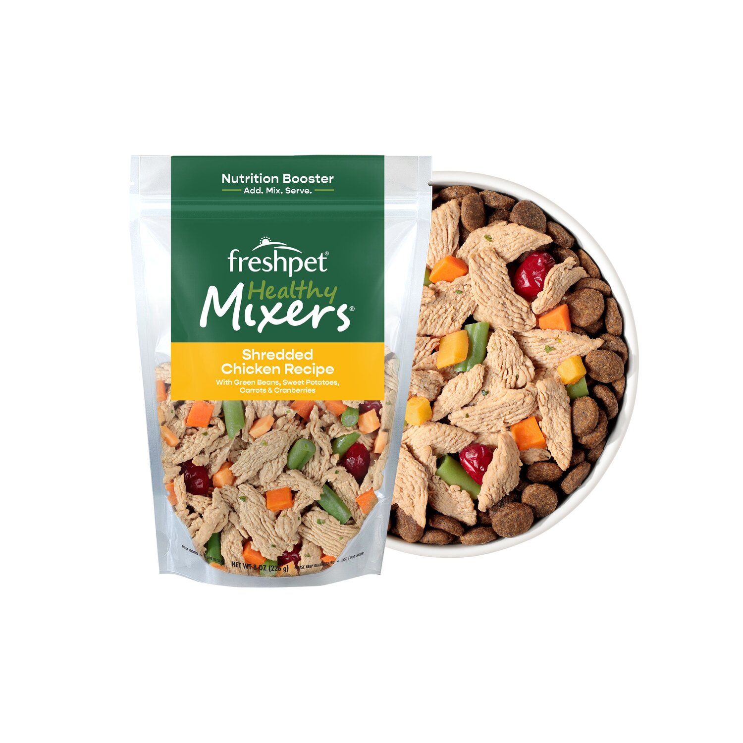 Image of a bowl and package of Freshpet® Healthy Mixers Shredded Chicken Recipe