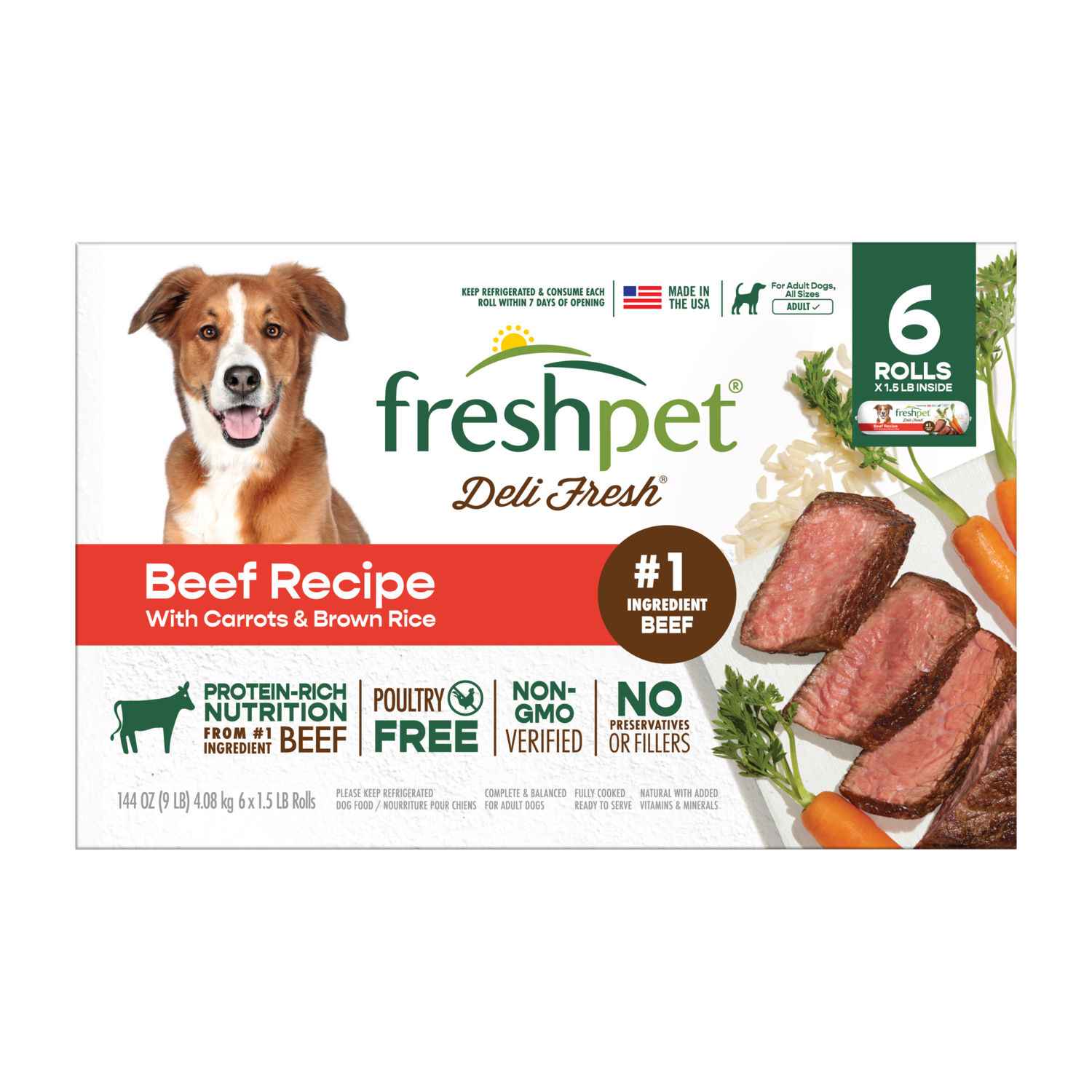 Image showing the front of the package of Freshpet Deli Fresh Beef Recipe with Carrots & Brown Rice
