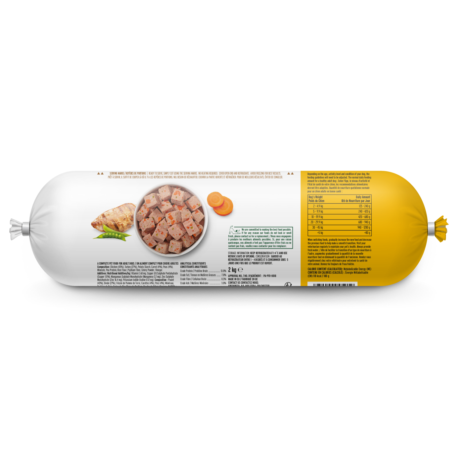 Back package image of tender chicken recipe with peas and carrots