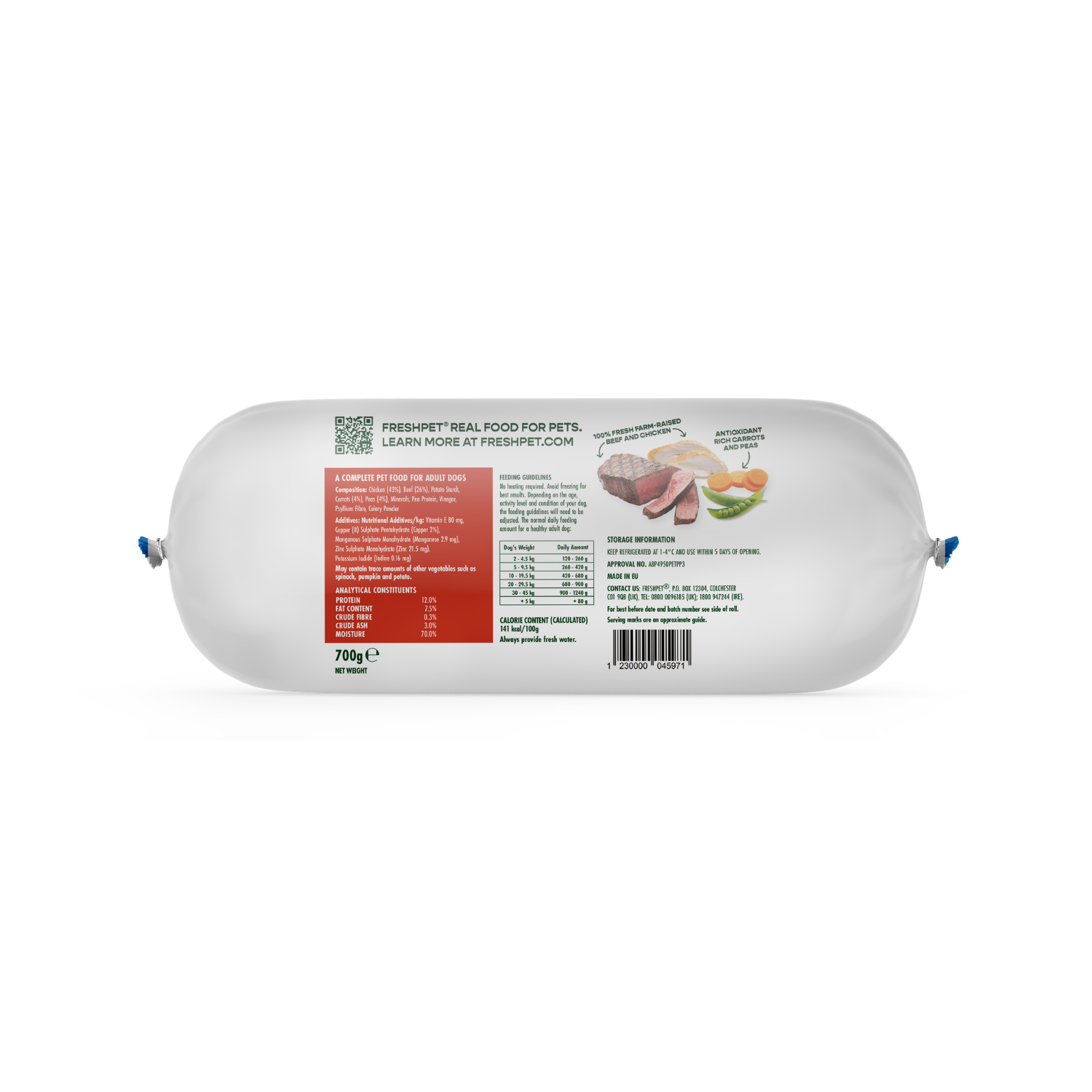 Back package image of Freshpet® beef recipe with peas & carrots