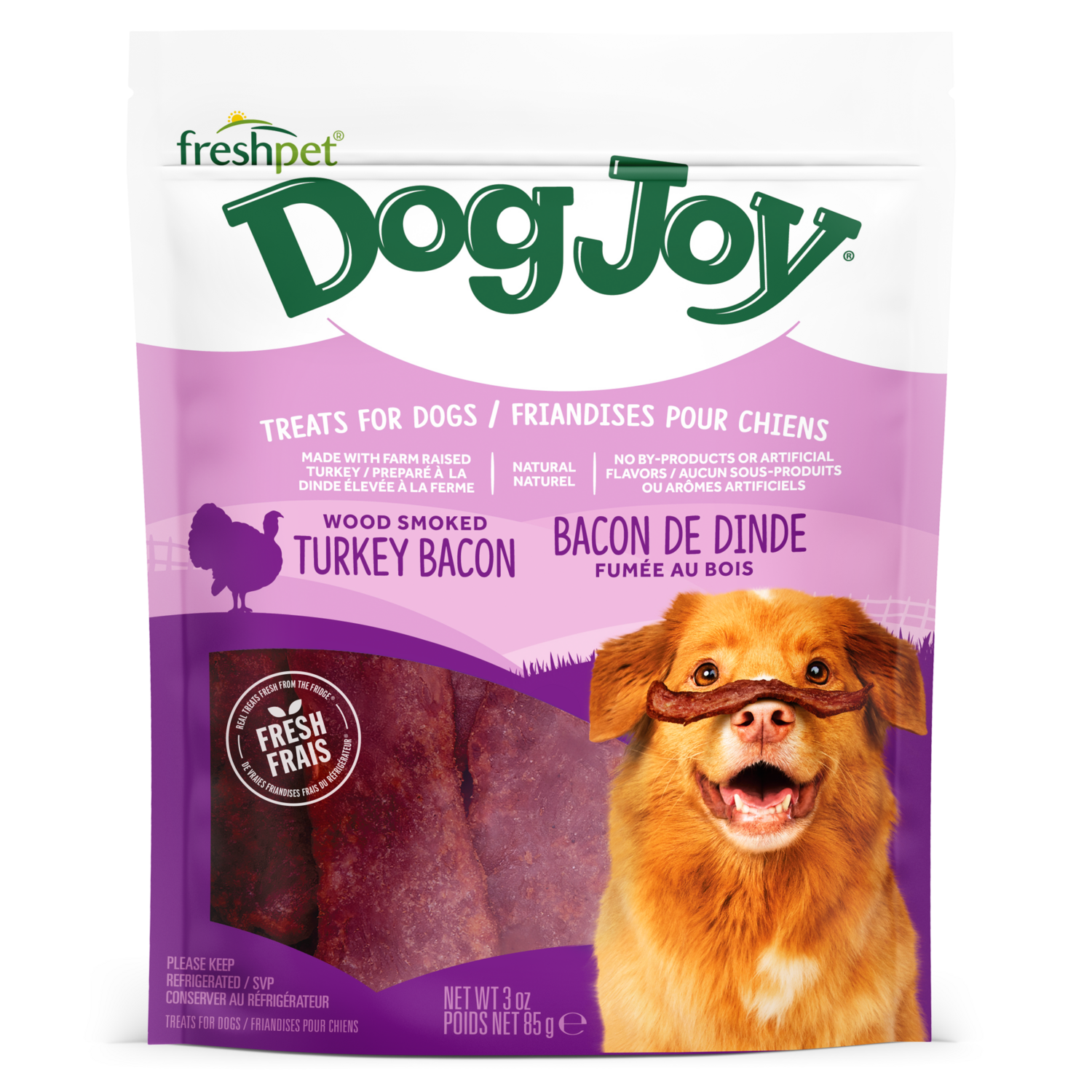 Front package image of Dog Joy® turkey bacon treats for dogs