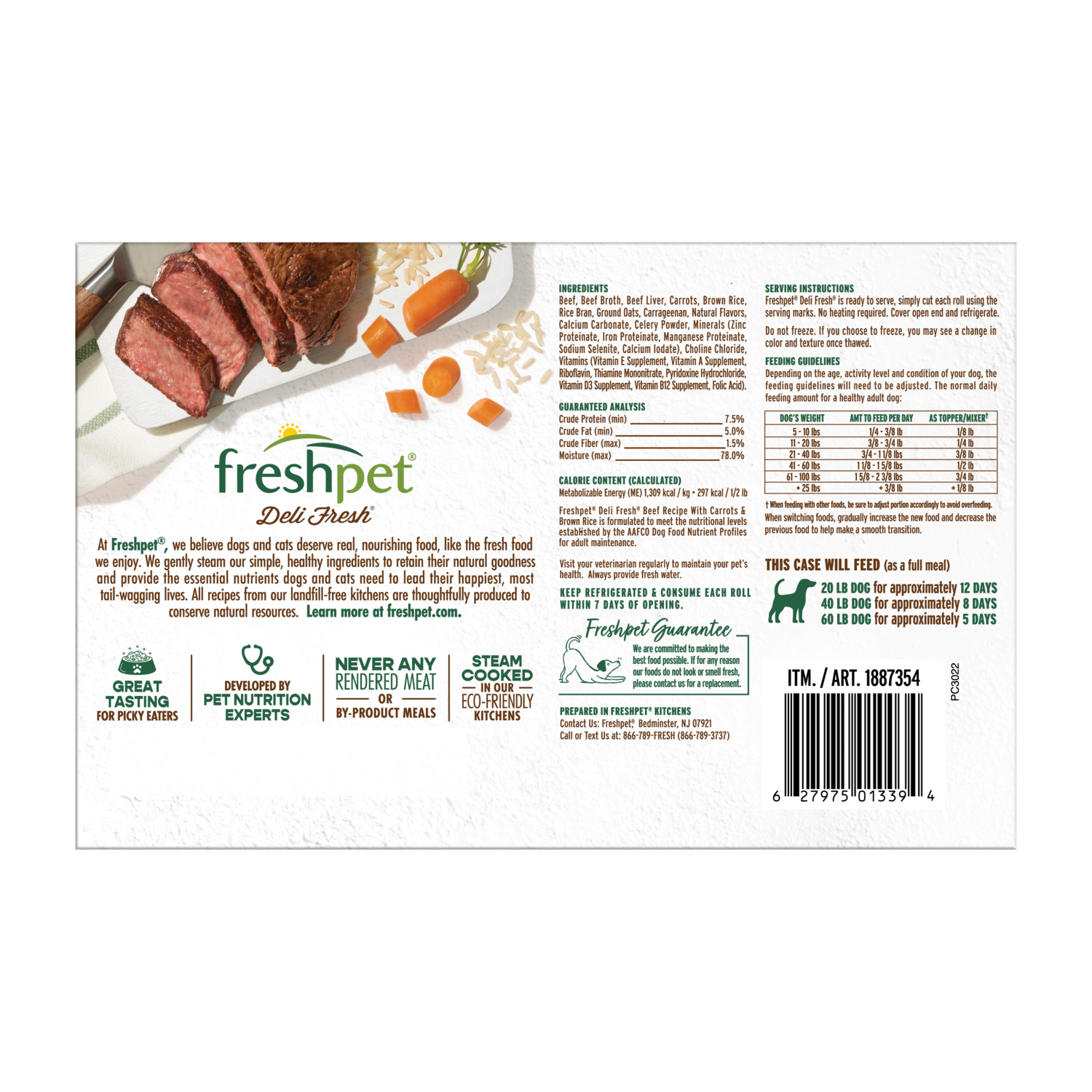 Image showing the back of the package of Freshpet Deli Fresh Beef Recipe with Carrots & Brown Rice