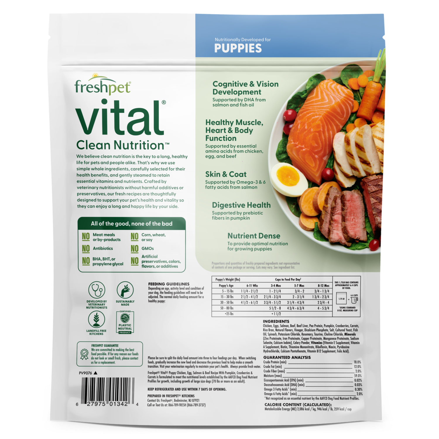 Back package image Freshpet® Vital Chicken, Egg, Salmon & Beef Puppy Recipe With Pumpkin, Cranberries & Carrots