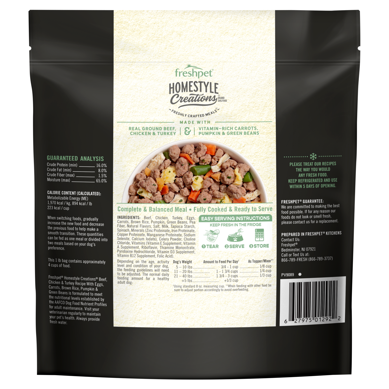 Back package image of Freshpet® Homestyle Creations™ Beef, Chicken & Turkey Dog Food