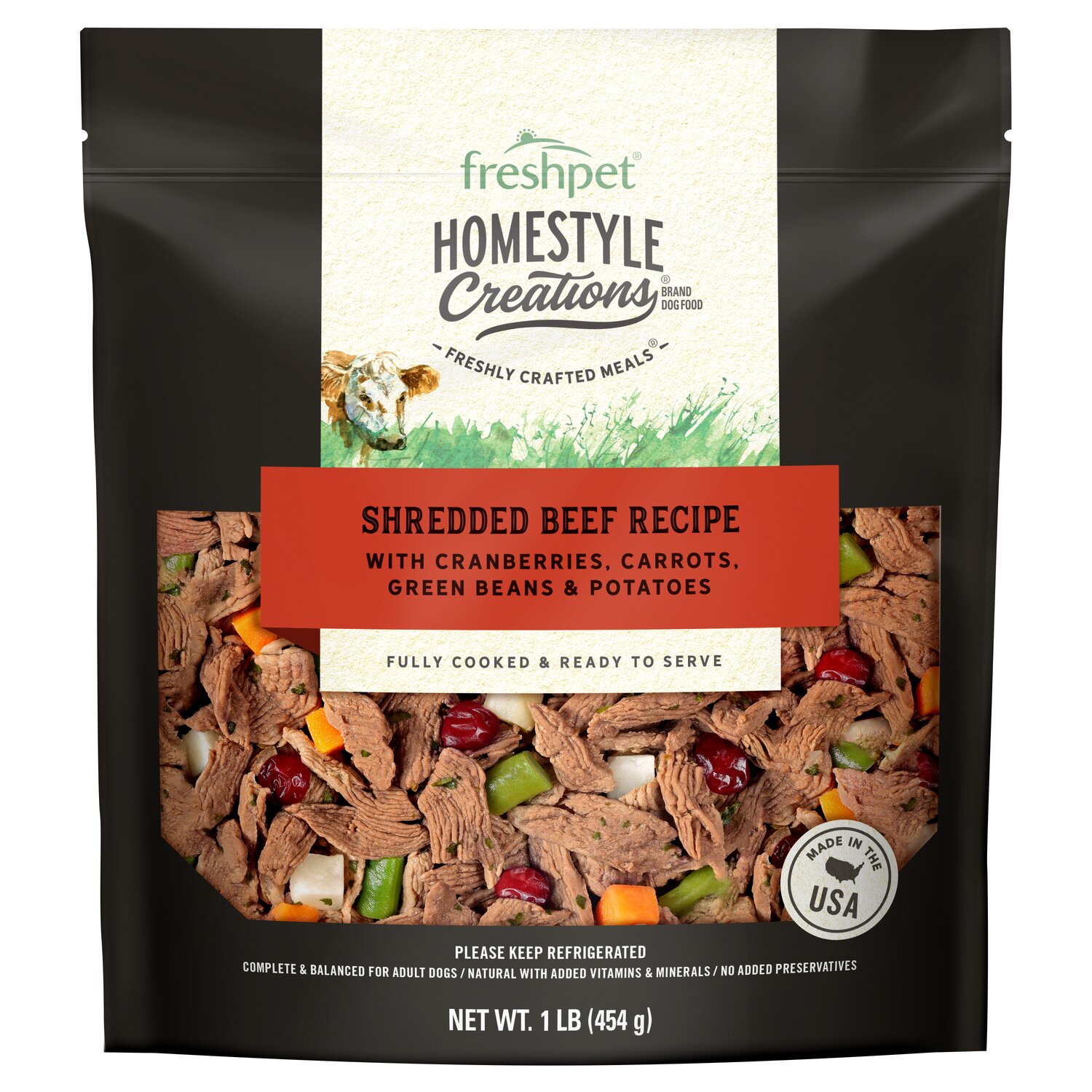 Front package image of Freshpet® Homestyle Creations™ Shredded Beef Recipe with Cranberries, Carrots, Green Beans & Potatoes
