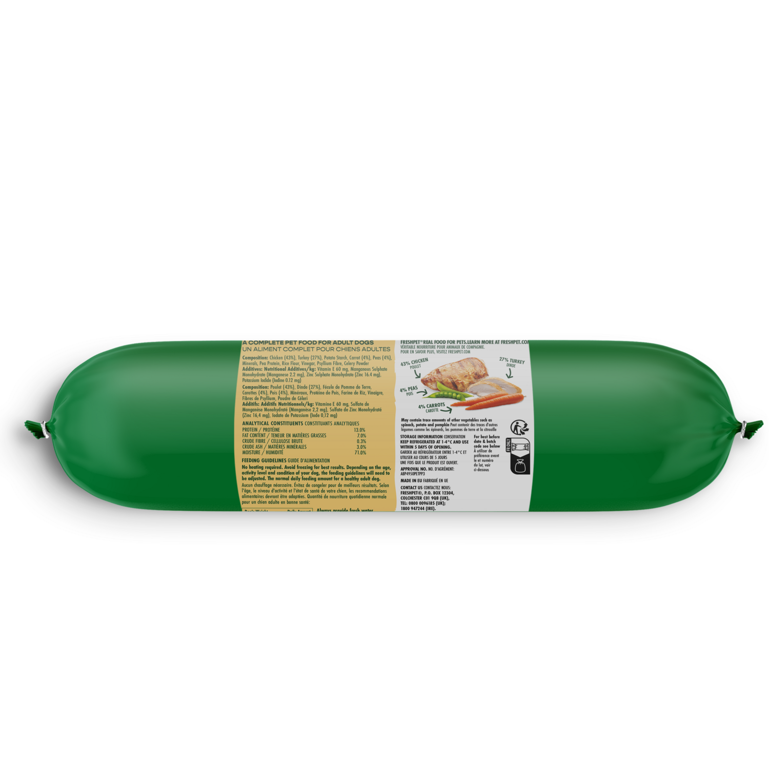 Back package image of tender chicken recipe with peas and carrots 400g