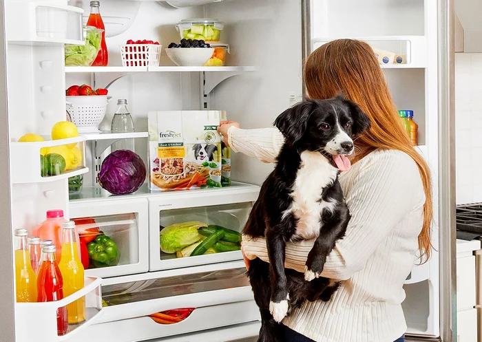 A person holding a black and white dog reaching for a Freshpet recipe.