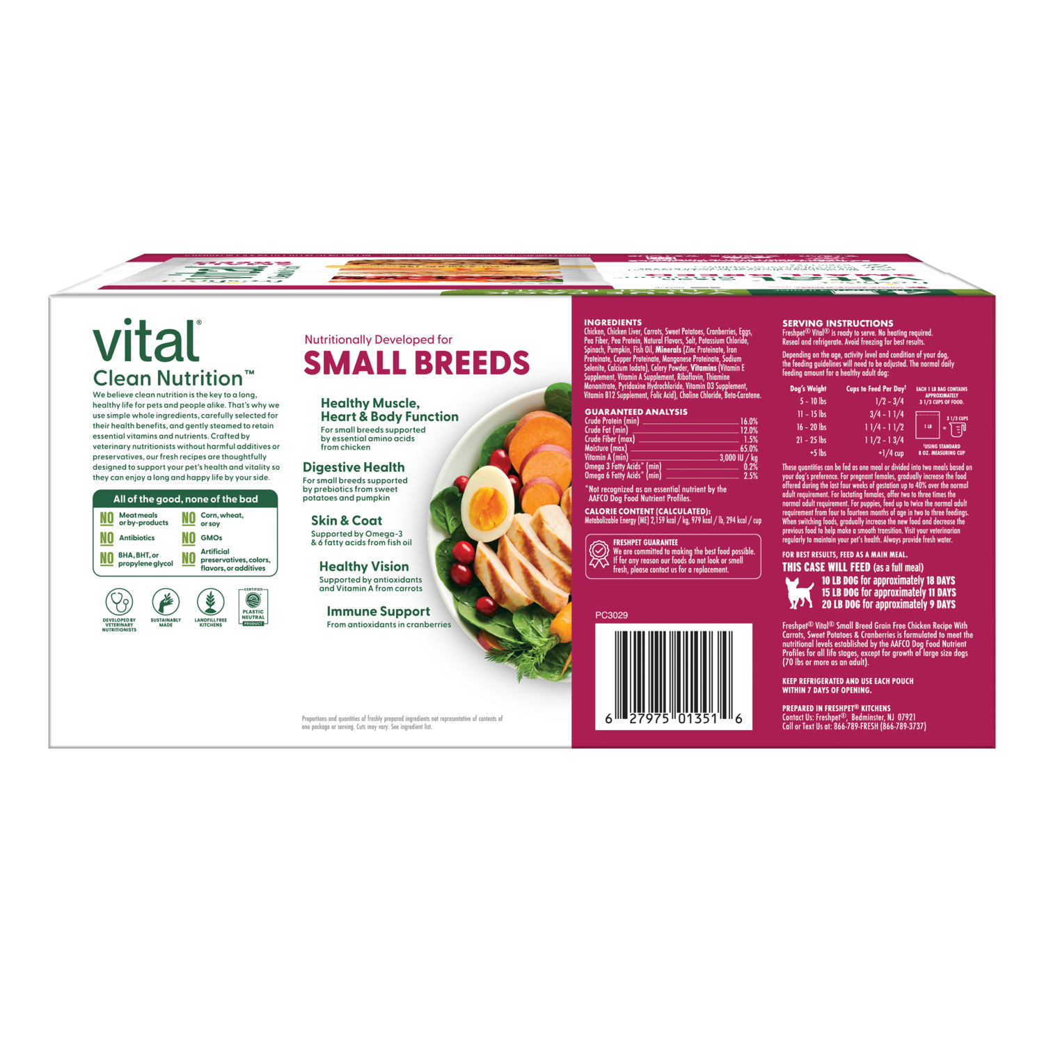 Back package image of Freshpet small breed: chicken recipe with carrots, sweet potatoes & cranberries