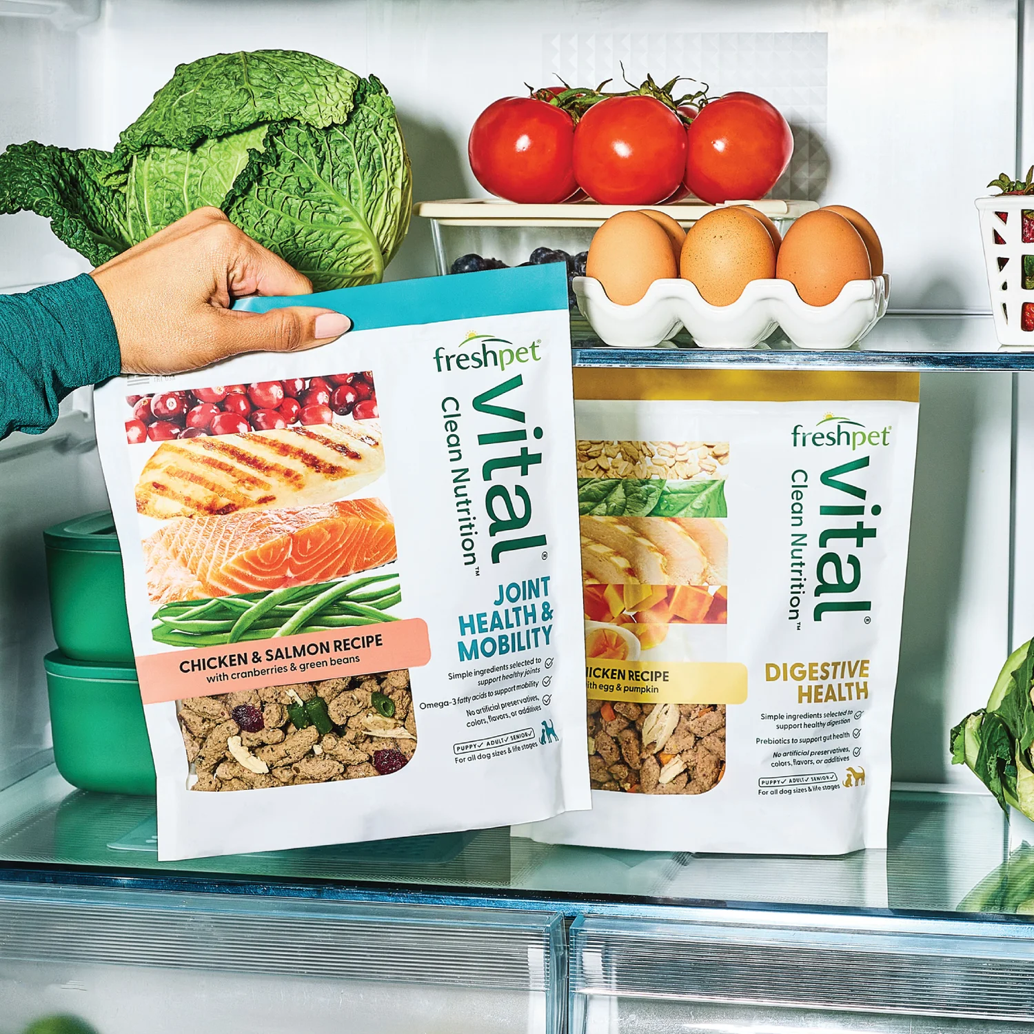 Pulling a bag of Freshpet Vital from the refrigerator
