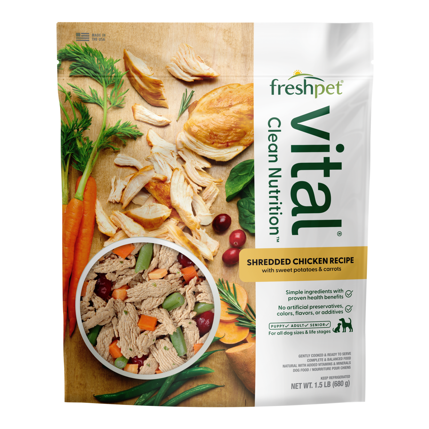 Front package image of Freshpet® Vital Shredded Chicken Recipe with Sweet Potatoes and Carrots