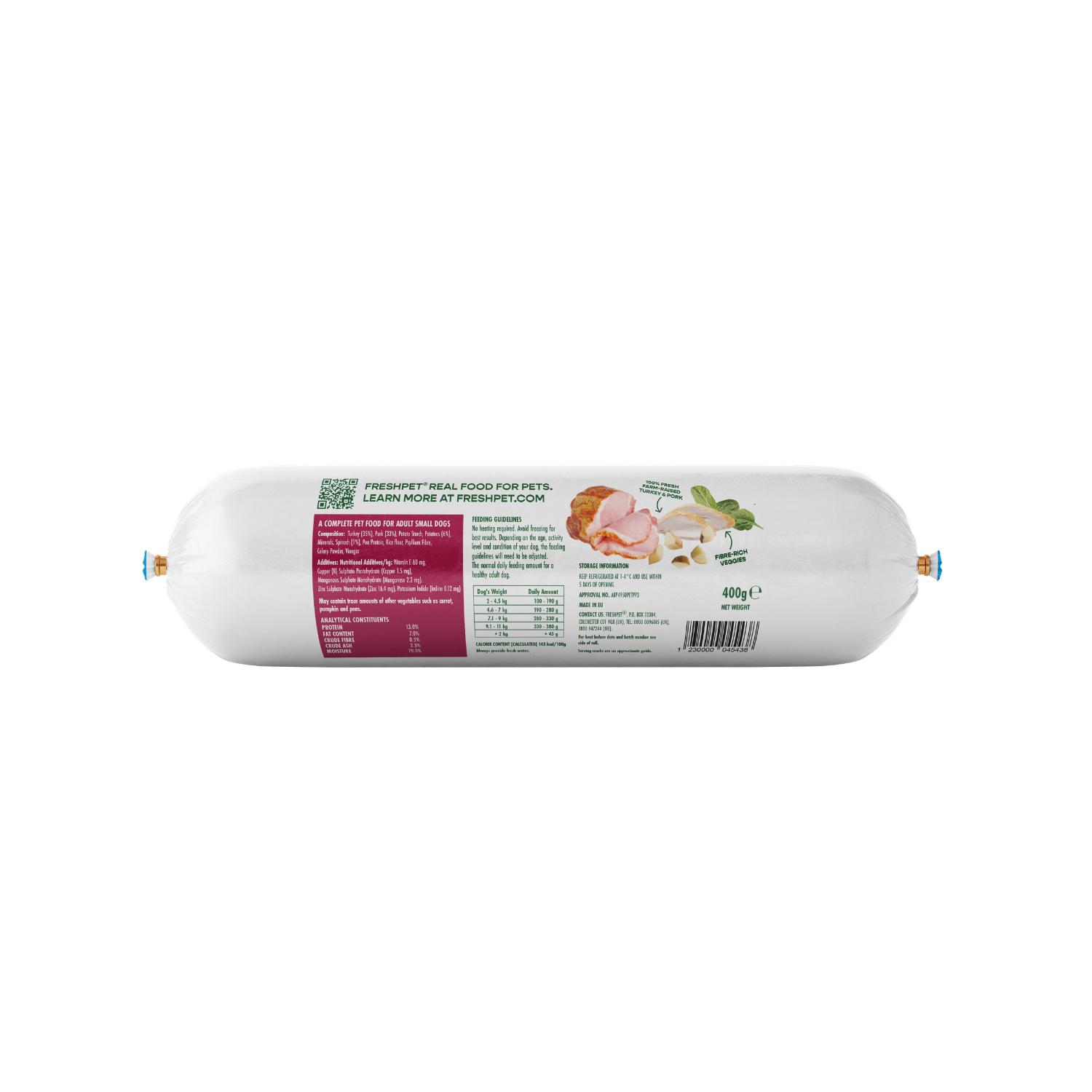 Back package image of small dog turkey & pork recipe with potato & spinach