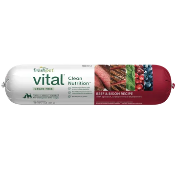 grain free beef & bison recipe with spinach, cranberries & blueberries