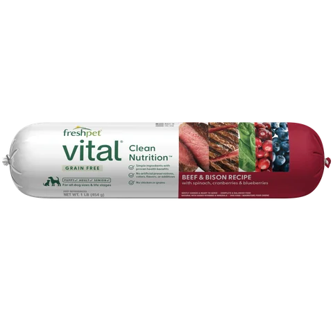 grain free beef & bison recipe with spinach, cranberries & blueberries