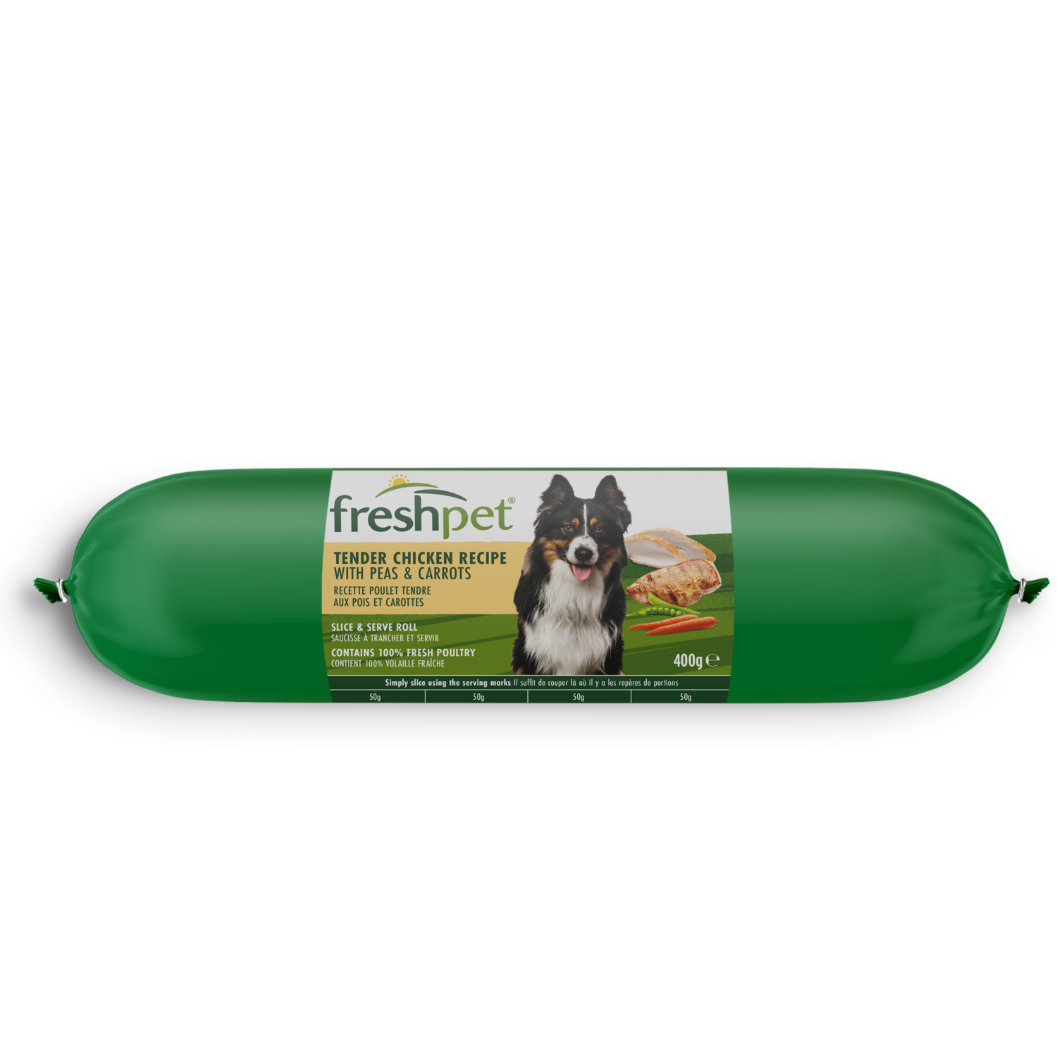 Front package image of tender chicken recipe with peas and carrots 400g