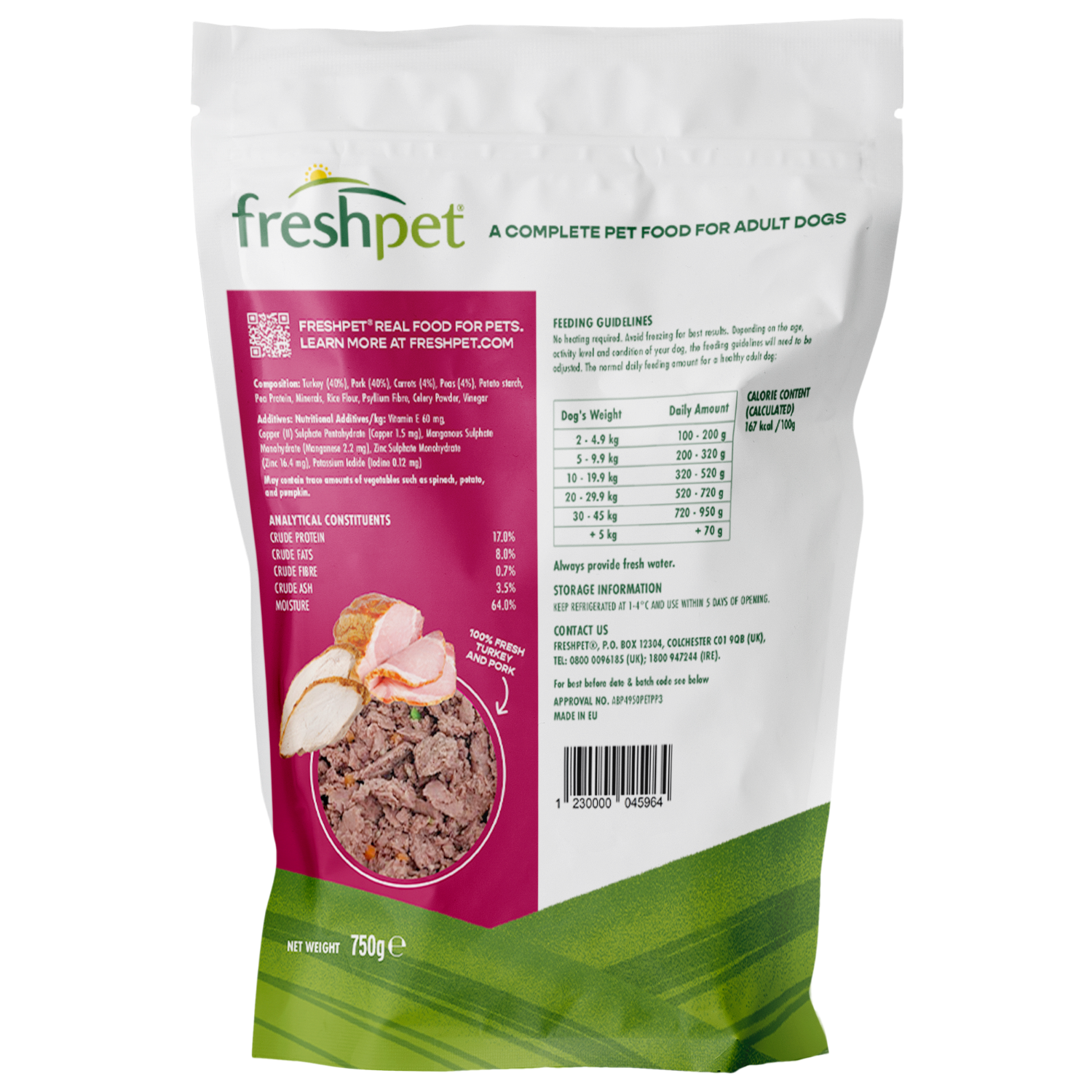 Back package image of Freshpet® Turkey & Pork Recipe with Peas & Carrots