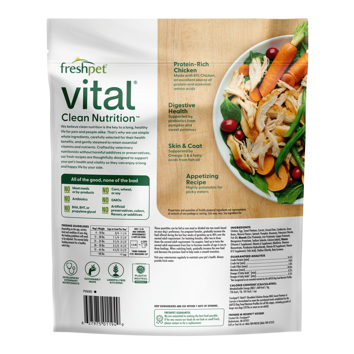 Back package image of Freshpet® Vital Shredded Chicken Recipe with Sweet Potatoes and Carrots