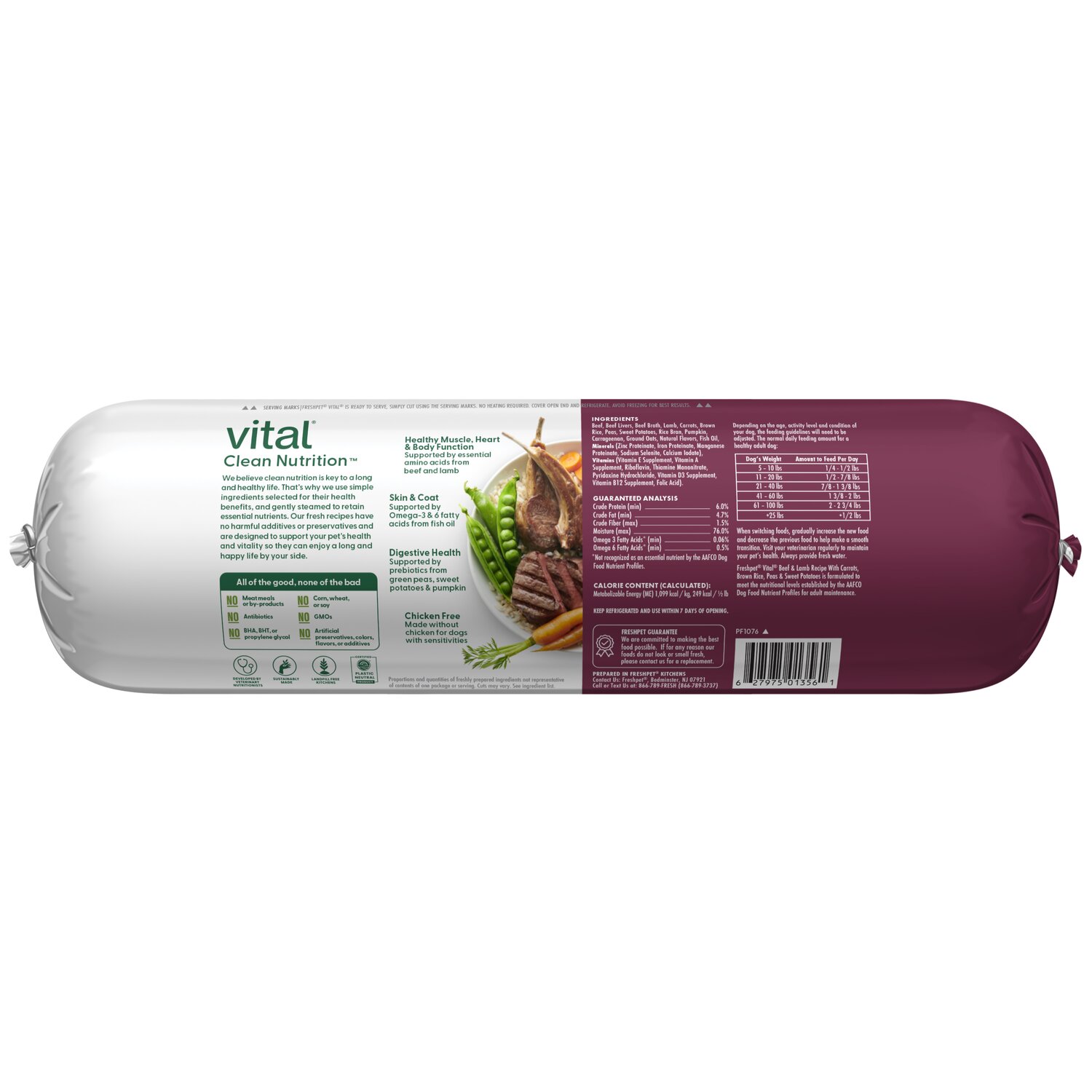 Back package image of Freshpet® Vital Beef & Lamb Recipe with Carrots, Brown Rice, Peas & Sweet Potatoes