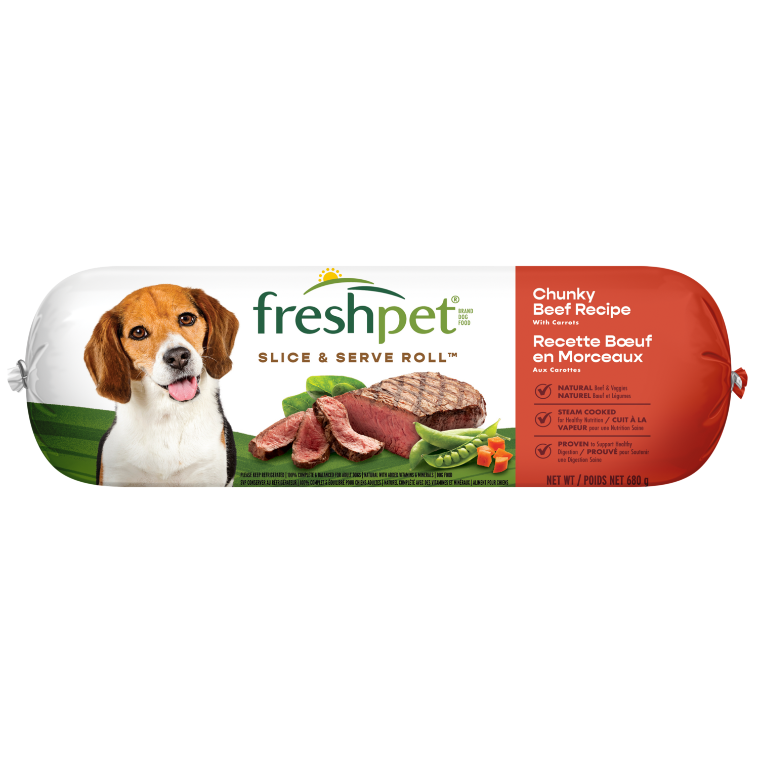 Front package image of chunky beef recipe with carrots, peas & brown rice