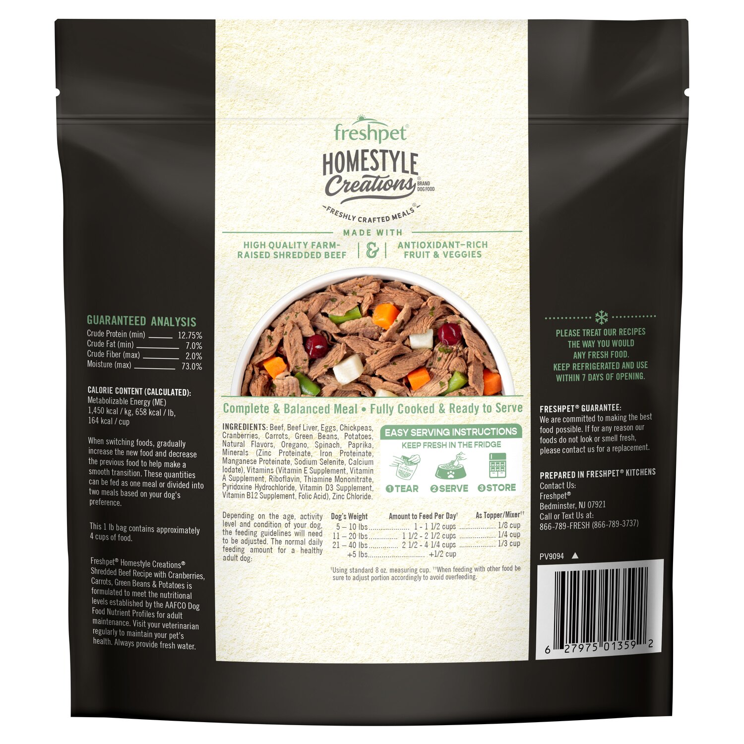 Back package image of Freshpet® Homestyle Creations™ Shredded Beef Recipe with Cranberries, Carrots, Green Beans & Potatoes