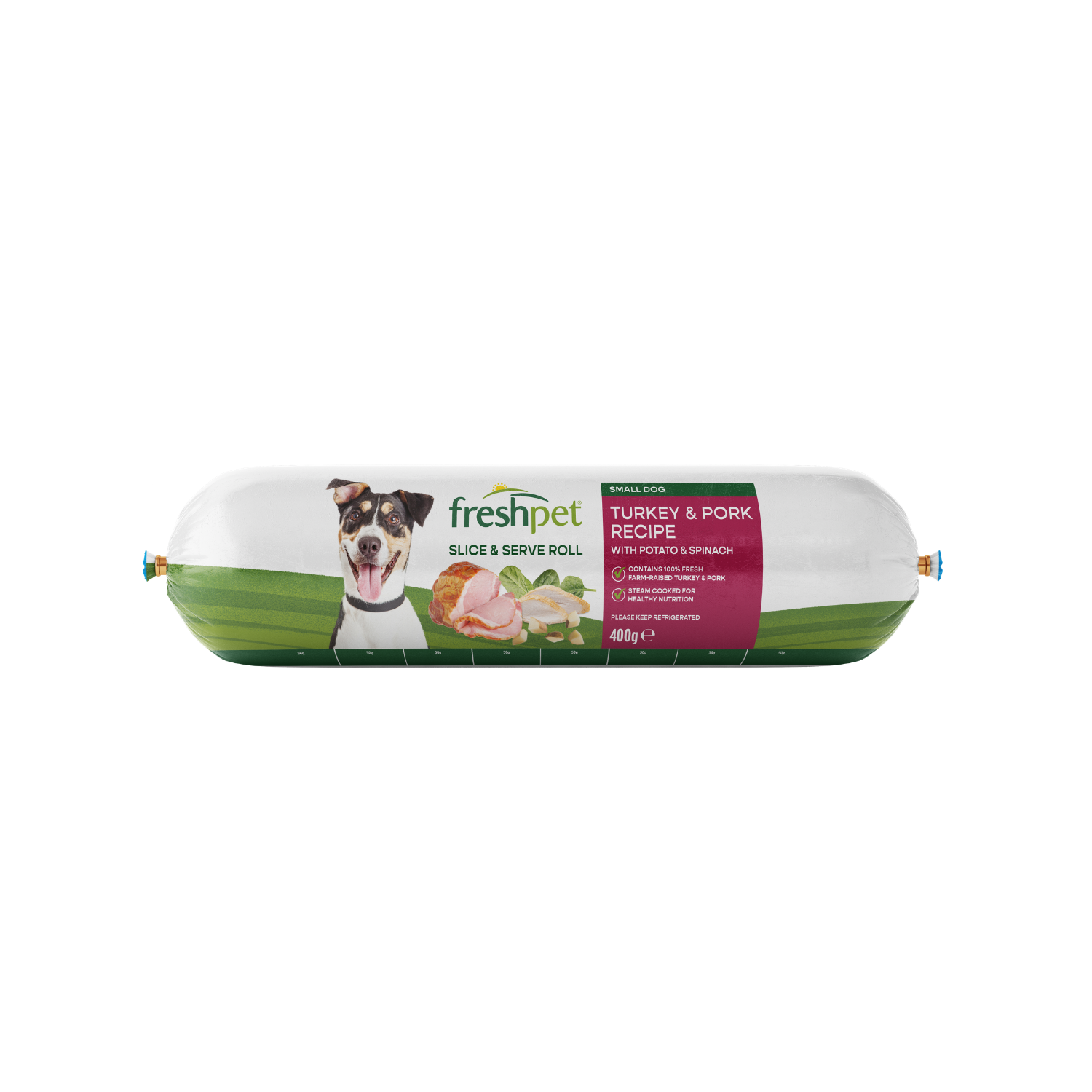 Front package image of small dog turkey & pork recipe with potato & spinach