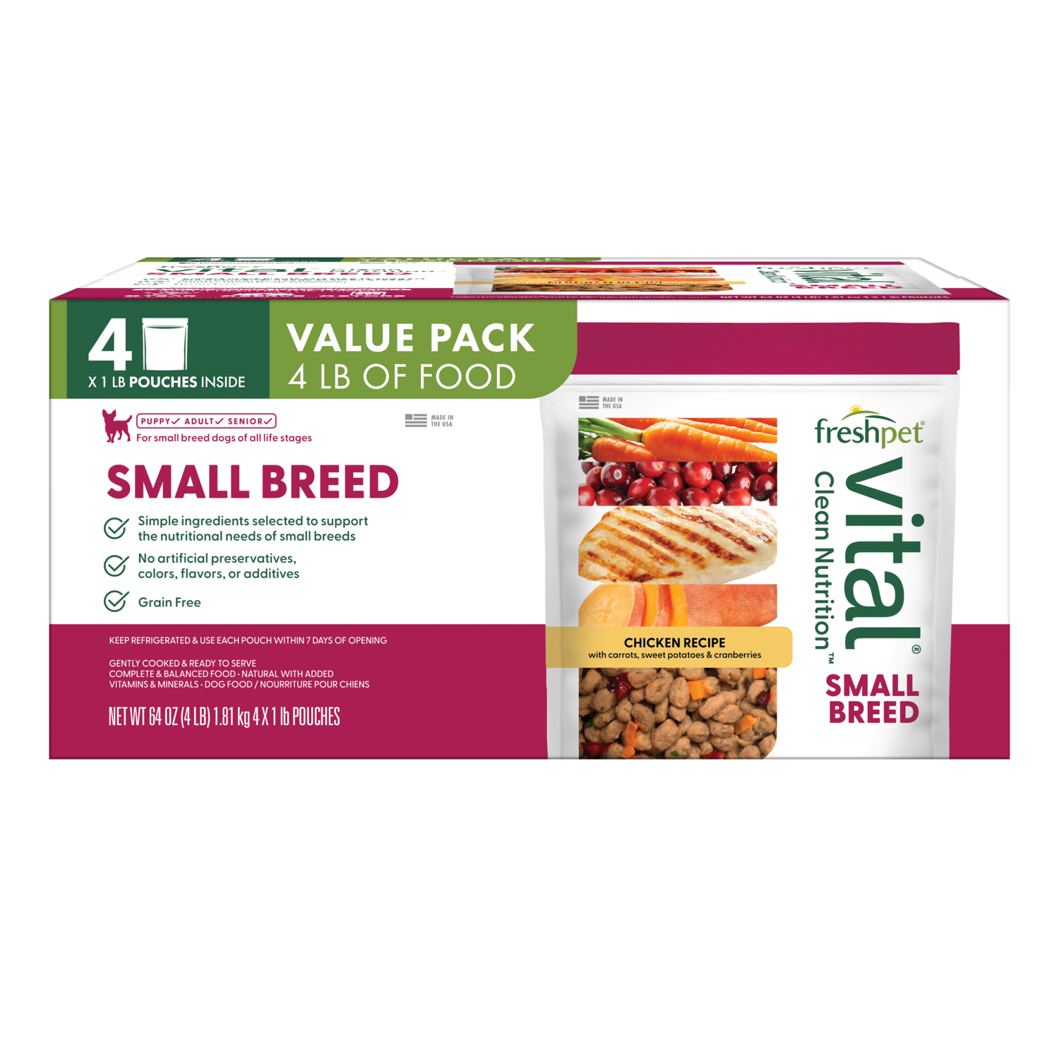 Front package image of Freshpet small breed: chicken recipe with carrots, sweet potatoes & cranberries