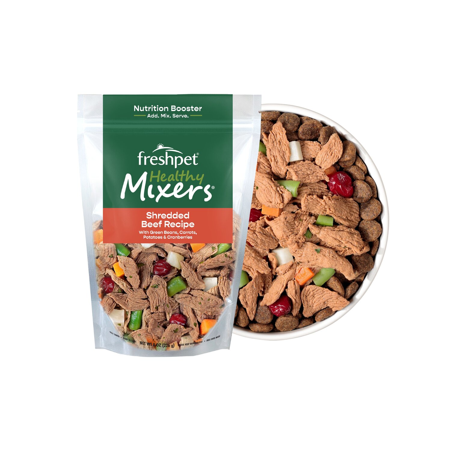 Image of a bowl and package of Freshpet® Healthy Mixers Shredded Beef Recipe