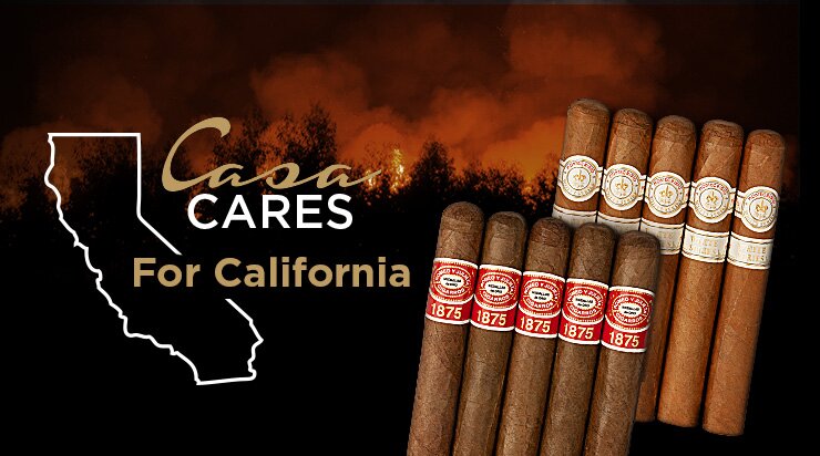 five romeo y julieta cigars, five montecristo cigars a background consisting of a wildfire and the casa cares logo with the words for california and an outline of the state of california